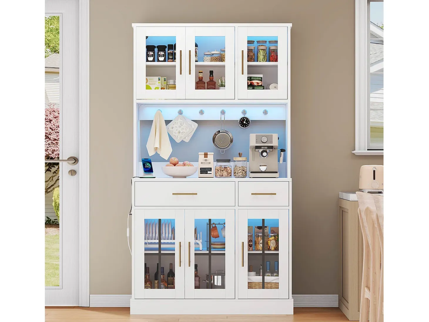 Buffet de cocina moderno 100x40x180cm - con toma de corriente y LED - con 2 cajones y 6 puertas - Blanco