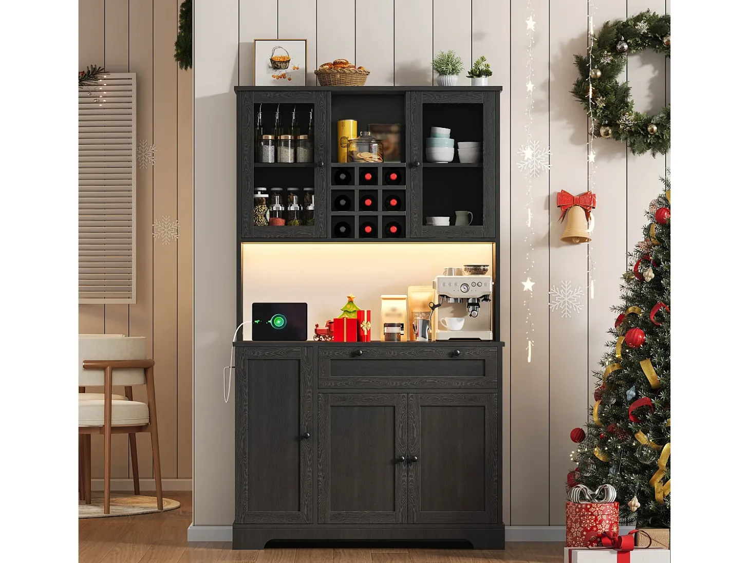 Buffet de cocina moderno 100x40x180cm - con toma de corriente y LED - con 1 cajón y 5 puertas - con estante para especias - Negro