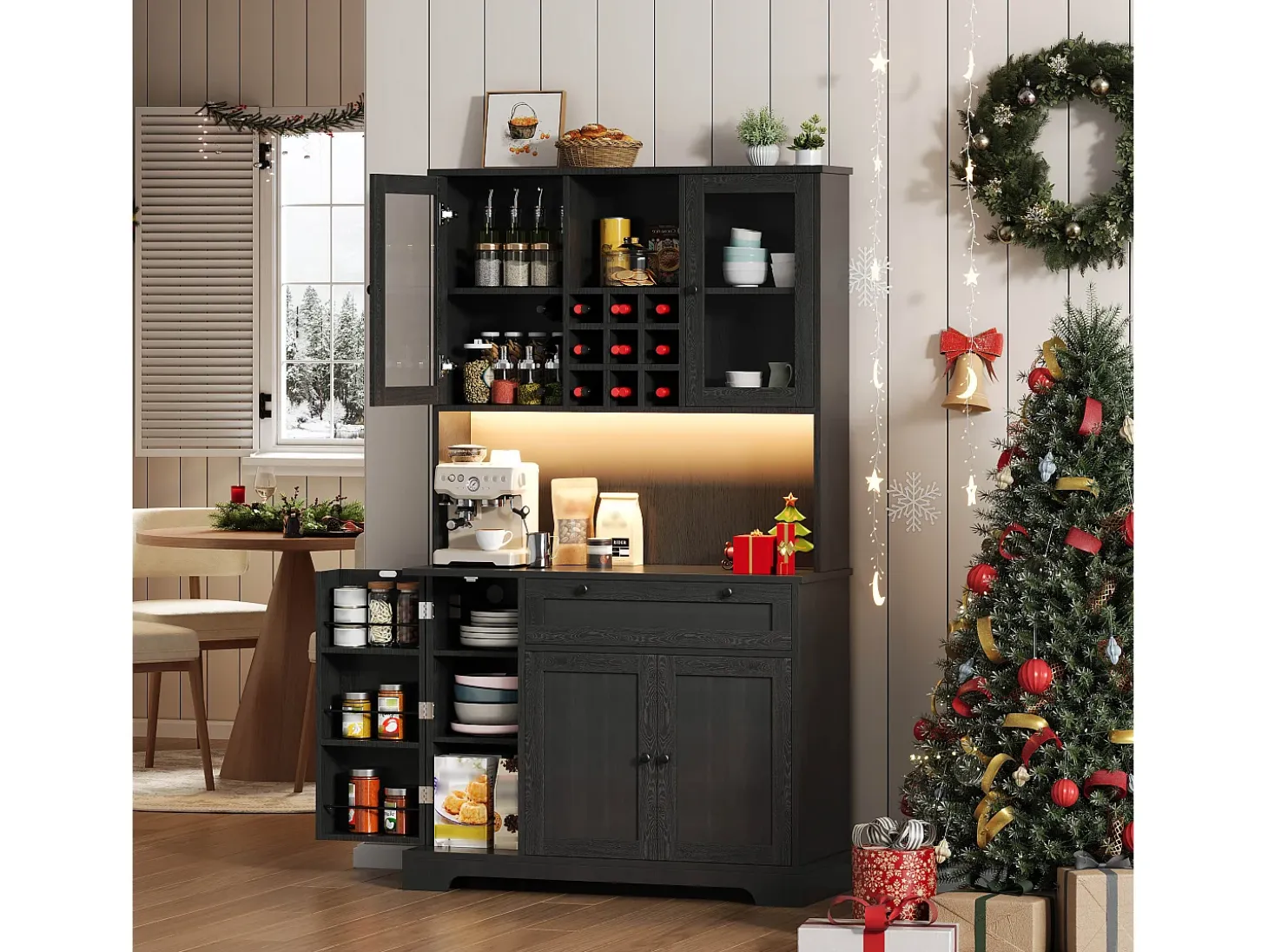 Buffet de cocina moderno 100x40x180cm - con toma de corriente y LED - con 1 cajón y 5 puertas - con estante para especias - Negro