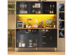 Buffet de cocina 145x39x171 cm - 4 puertas de vidrio - 4 cajones - casillero para vino - con iluminación LED - Negro