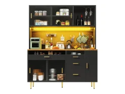 Buffet de cocina 145x39x171 cm - 4 puertas de vidrio - 4 cajones - casillero para vino - con iluminación LED - Negro