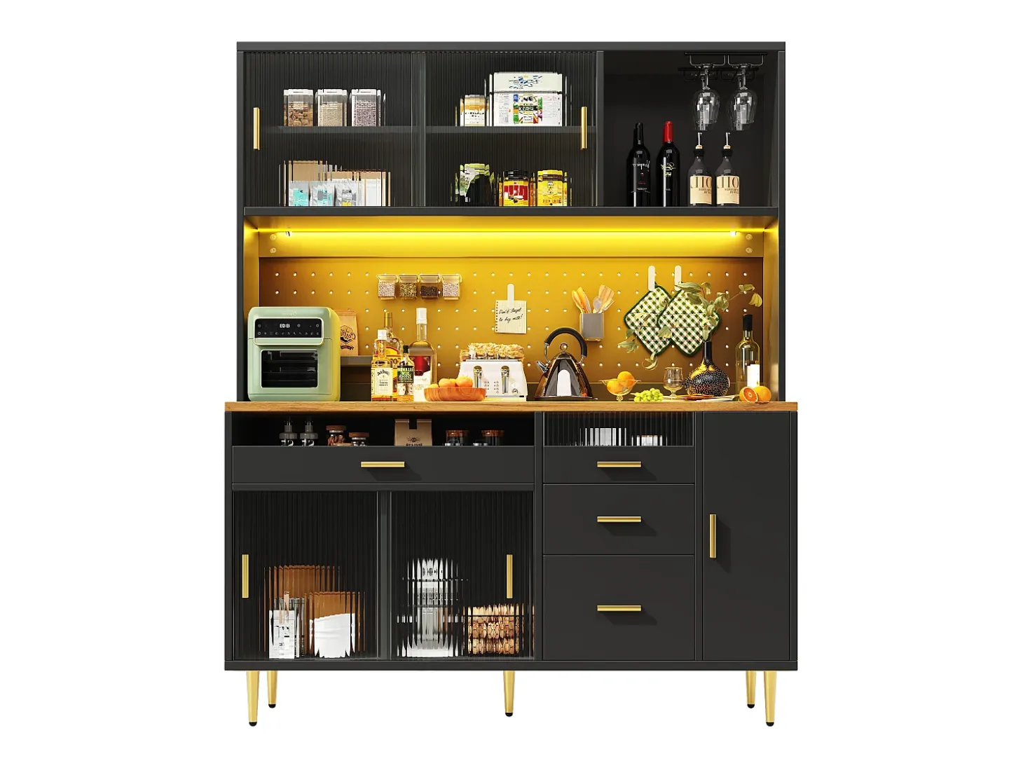 Buffet de cocina 145x39x171 cm - 4 puertas de vidrio - 4 cajones - casillero para vino - con iluminación LED - Negro