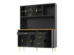 Buffet de cocina 145x39x171 cm - 4 puertas de vidrio - 4 cajones - casillero para vino - con iluminación LED - Negro