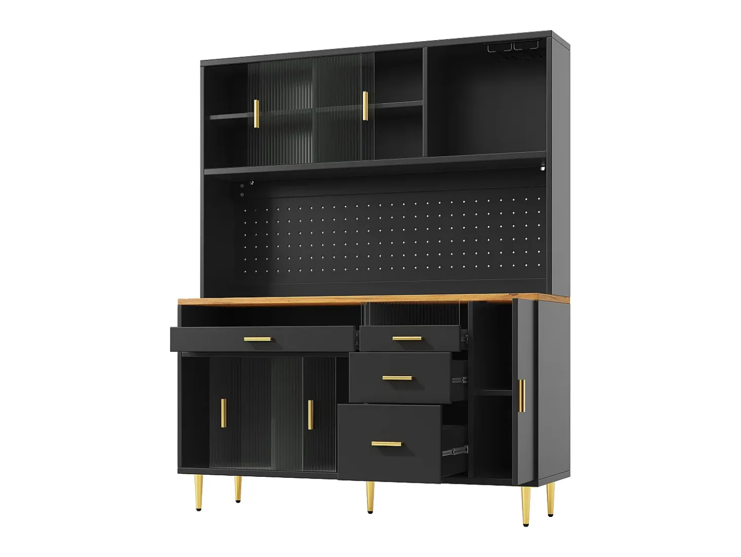 Buffet de cocina 145x39x171 cm - 4 puertas de vidrio - 4 cajones - casillero para vino - con iluminación LED - Negro