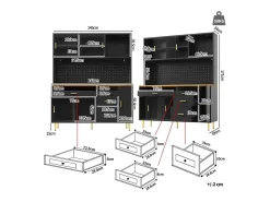 Buffet de cocina 145x39x171 cm - 4 puertas de vidrio - 4 cajones - casillero para vino - con iluminación LED - Negro