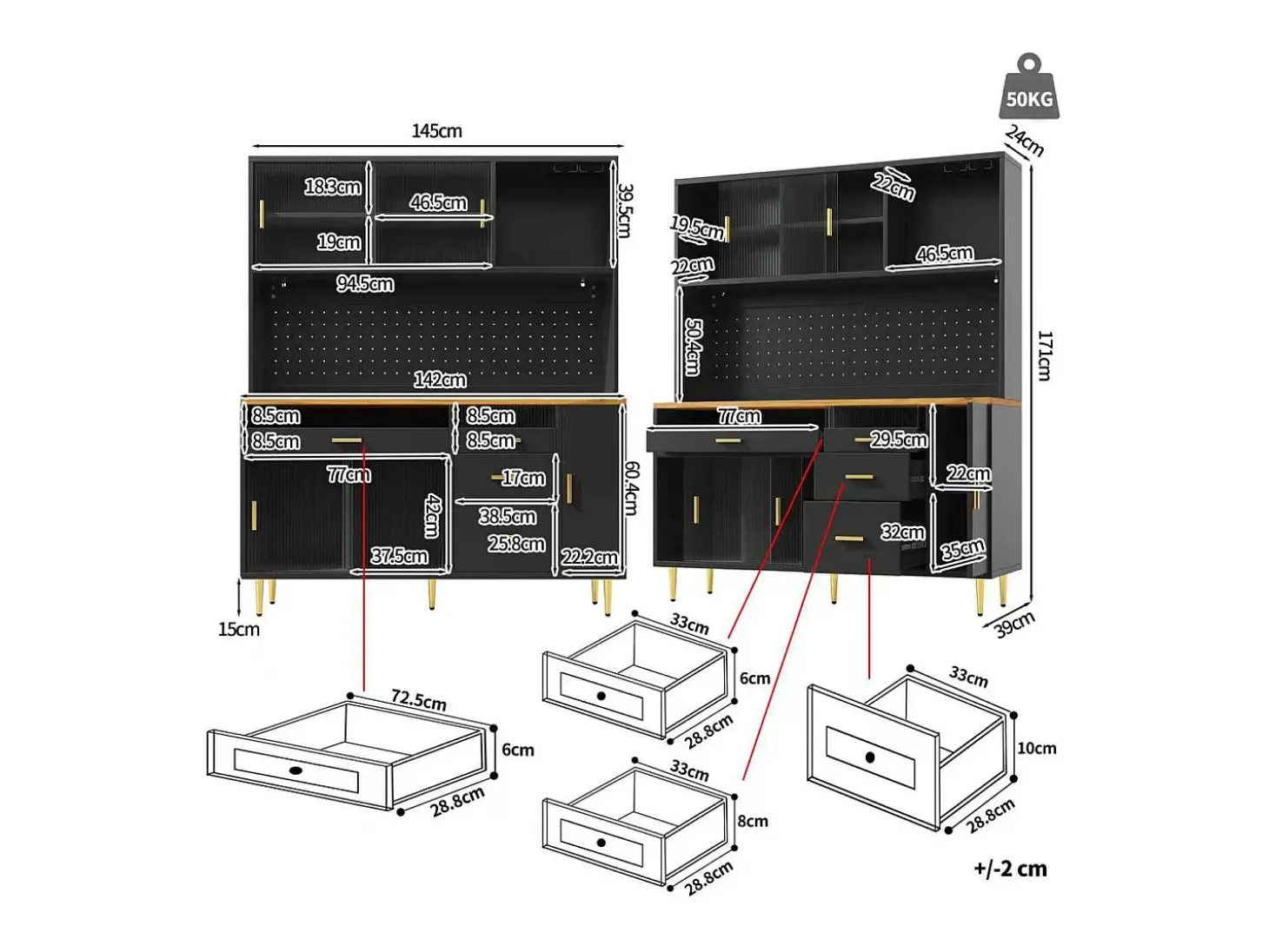 Buffet de cocina 145x39x171 cm - 4 puertas de vidrio - 4 cajones - casillero para vino - con iluminación LED - Negro
