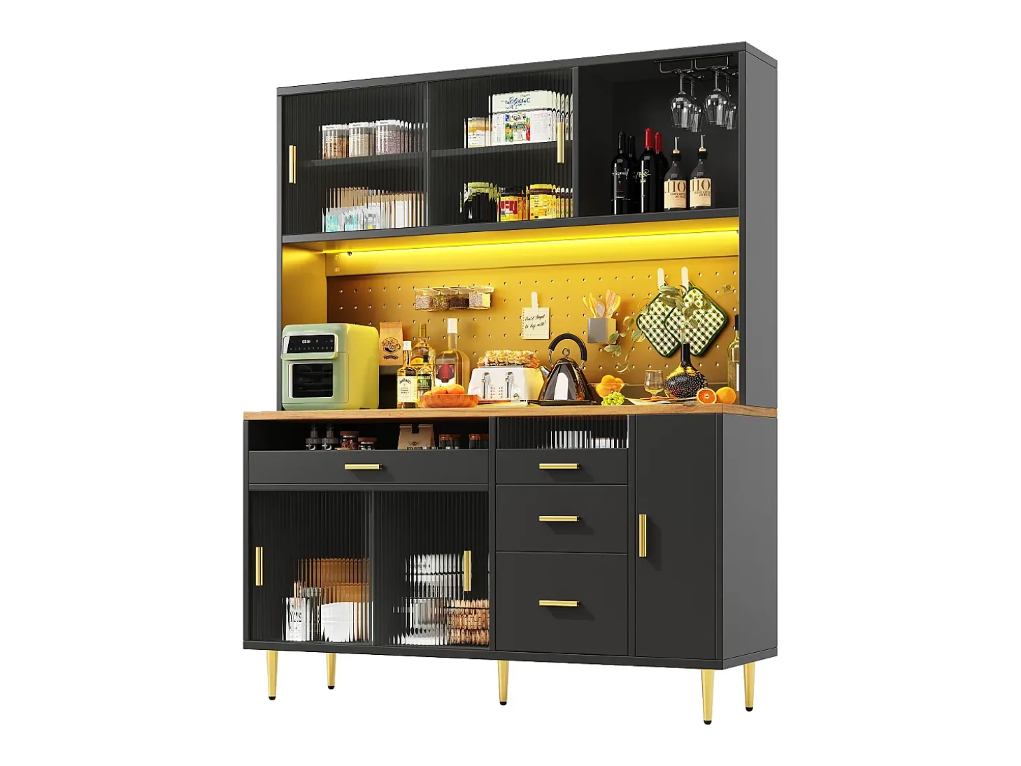 Buffet de cocina 145x39x171 cm - 4 puertas de vidrio - 4 cajones - casillero para vino - con iluminación LED - Negro