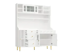 Buffet de cocina 145x39x171 cm - con iluminación LED - 4 puertas de vidrio - 3 cajones - con panel perforado - blanco