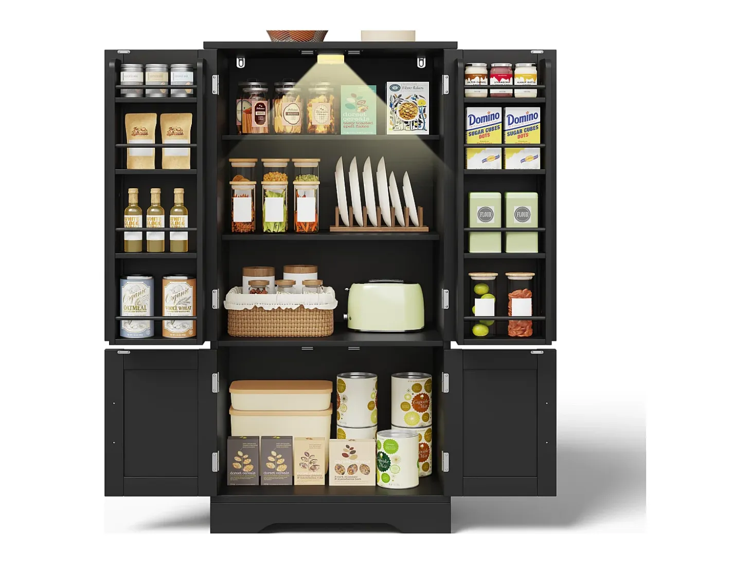 Buffet de cocina 60x40x120 cm - con sensor de luz LED - con 4 puertas - con estantes - Negro
