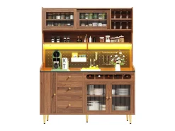 Buffet de cocina 145x39x171 cm - con iluminación LED - 4 puertas de vidrio - 3 cajones - con panel perforado - Marrón