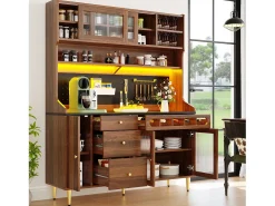 Buffet de cocina 145x39x171 cm - con iluminación LED - 4 puertas de vidrio - 3 cajones - con panel perforado - Marrón