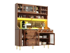 Buffet de cocina 145x39x171 cm - con iluminación LED - 4 puertas de vidrio - 3 cajones - con panel perforado - Marrón