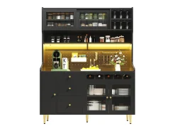 Buffet de cocina 145x39x171 cm - con iluminación LED - 4 puertas de vidrio - 3 cajones - con panel perforado - negro