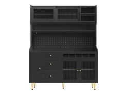 Buffet de cocina 145x39x171 cm - con iluminación LED - 4 puertas de vidrio - 3 cajones - con panel perforado - negro