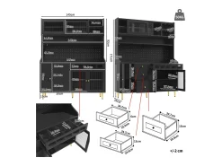 Buffet de cocina 145x39x171 cm - con iluminación LED - 4 puertas de vidrio - 3 cajones - con panel perforado - negro