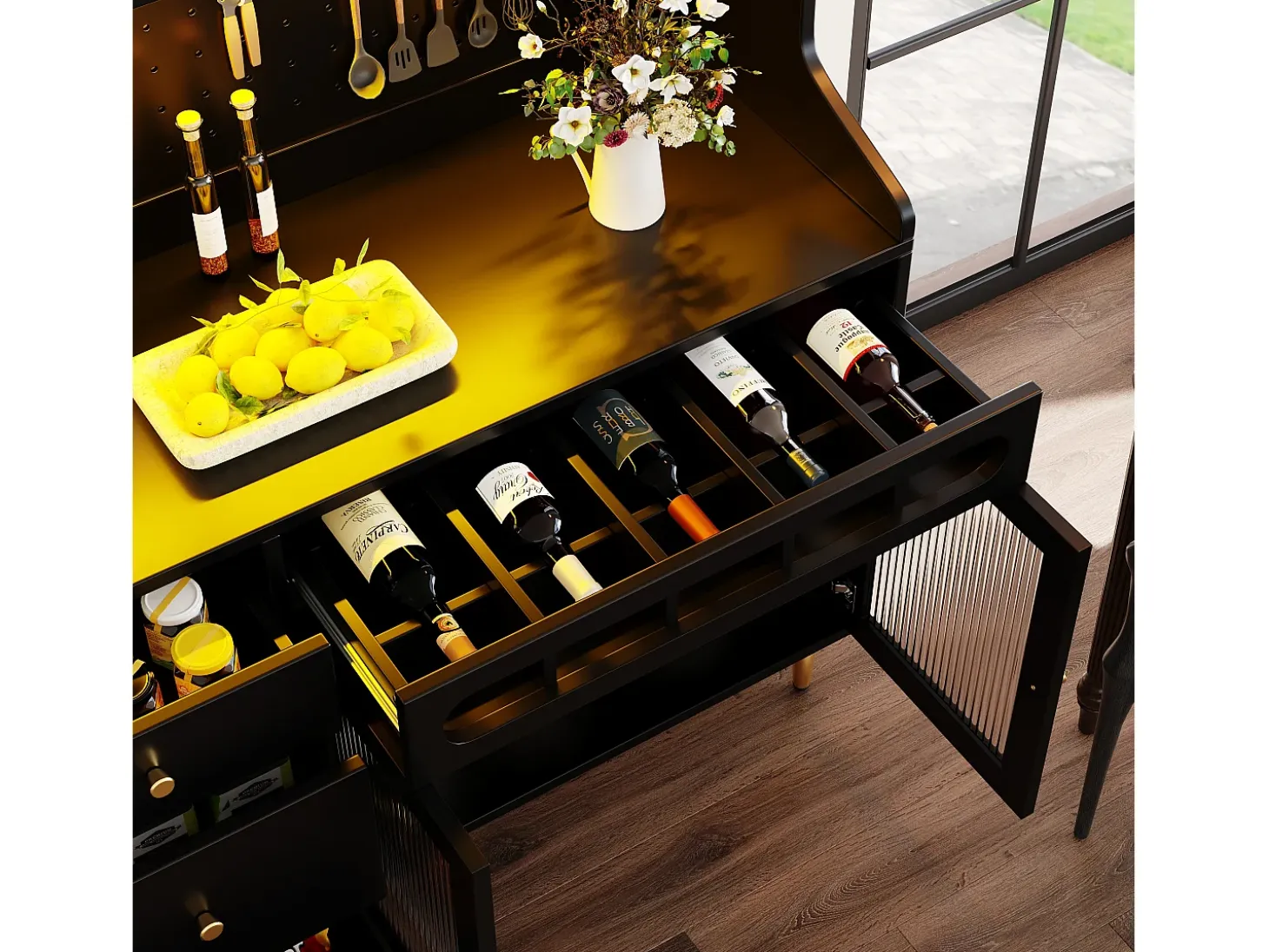Buffet de cocina 145x39x171 cm - con iluminación LED - 4 puertas de vidrio - 3 cajones - con panel perforado - negro
