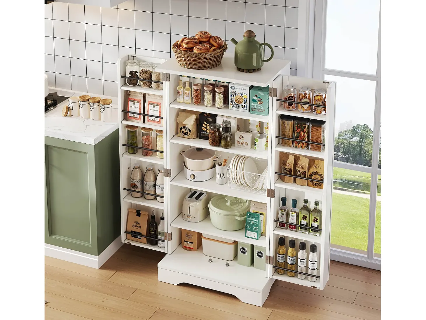 Buffet de cocina 60x40x120 cm - con sensor de luz LED - con 2 puertas - con estantes - diseño moderno - Blanco