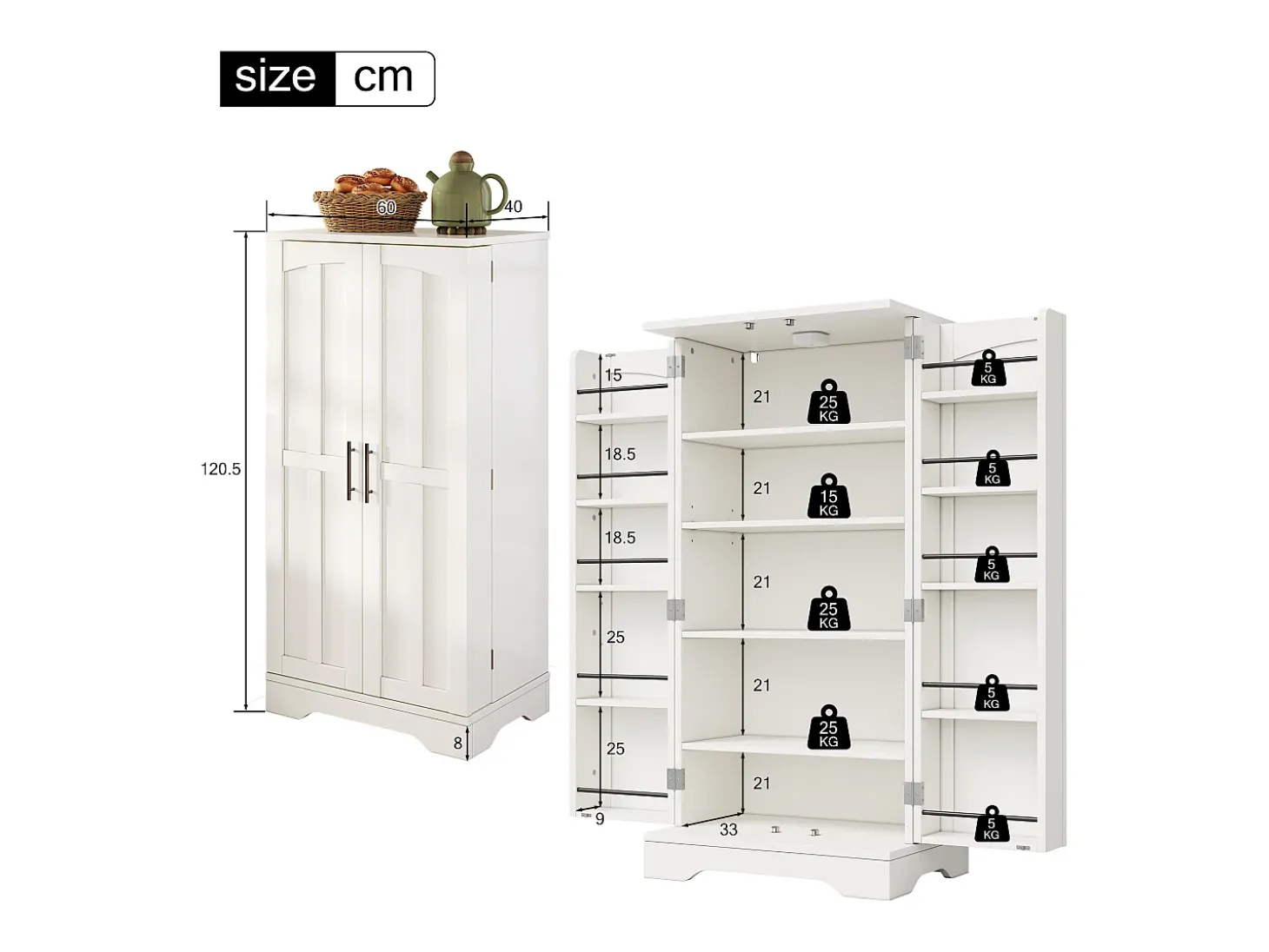 Buffet de cocina 60x40x120 cm - con sensor de luz LED - con 2 puertas - con estantes - diseño moderno - Blanco
