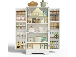 Buffet de cocina 60x40x120 cm - con sensor de luz LED - con 2 puertas - con estantes - diseño moderno - Blanco