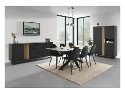 Buffet de diseño de 220cm con 2 puertas y 3 cajones para salón de color negro y roble colección LOFT con patas de metal.