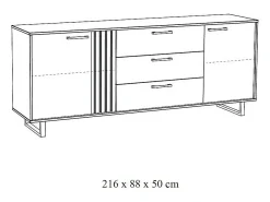 Buffet de diseño de 220cm con 2 puertas y 3 cajones para salón de color negro y roble colección LOFT con patas de metal.