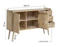 Buffet de madera de mango Augustine estilo escandinavo con cajones y almacenamiento para vajilla