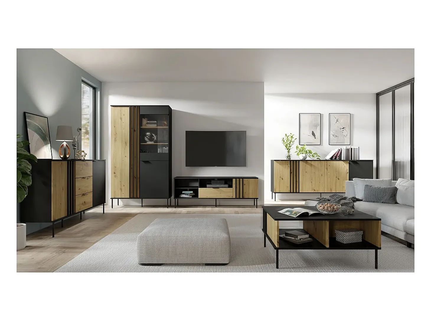 Buffet diseño IZO – 4 puertas – Negro ónix & Roble claro – 220x92x40 cm