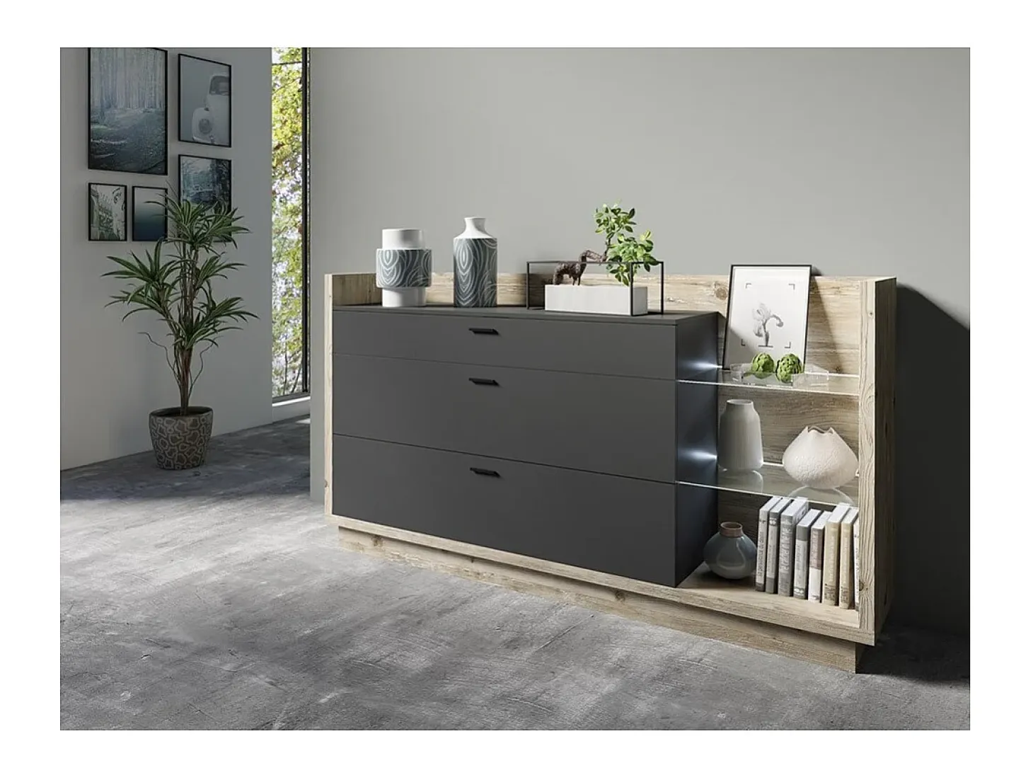 Buffet diseño XL 200cm. Colección CORK 3 cajones y estantes. Colores pino y gris antracita