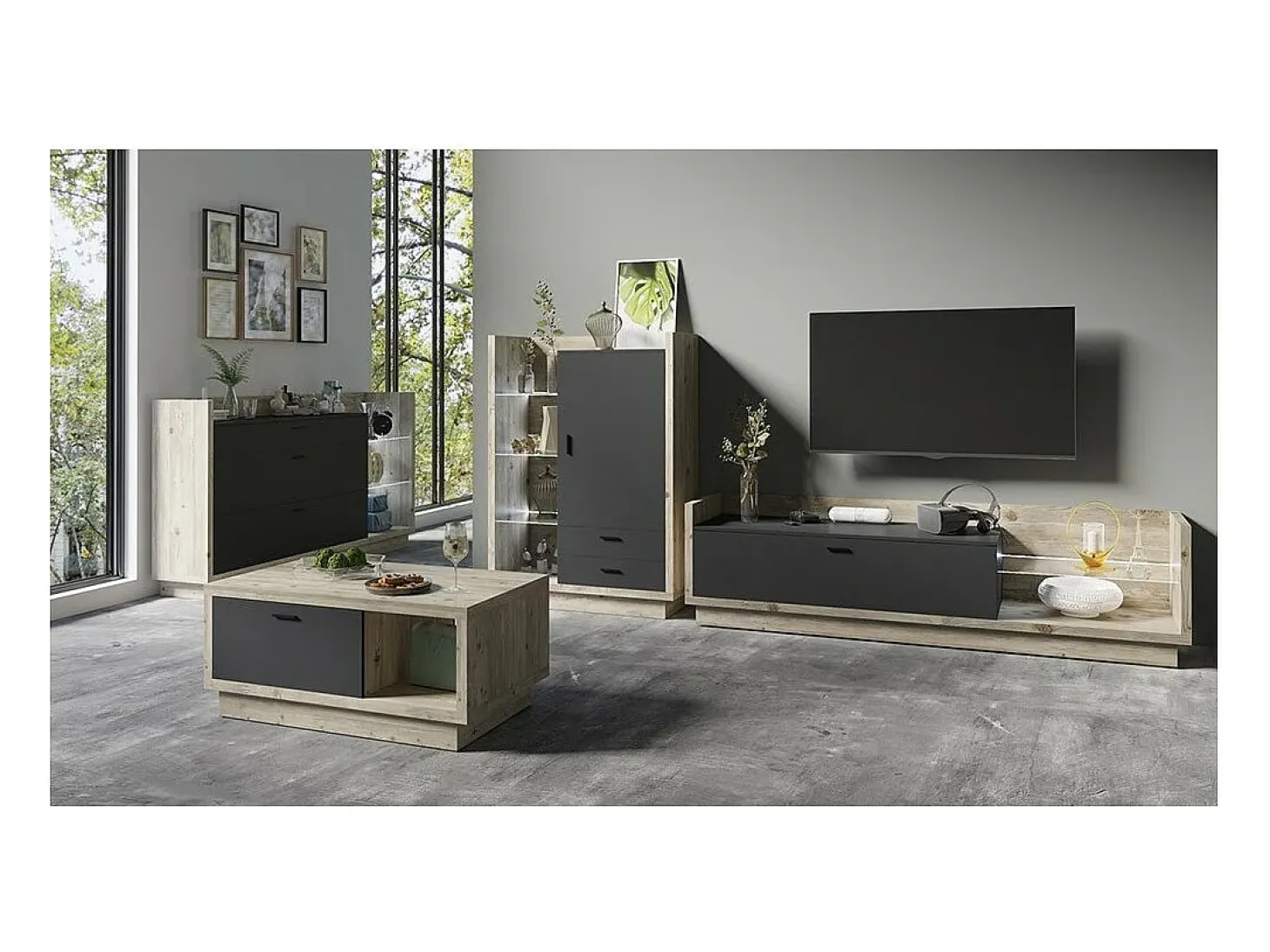 Buffet diseño XL 200cm. Colección CORK 3 cajones y estantes. Colores pino y gris antracita
