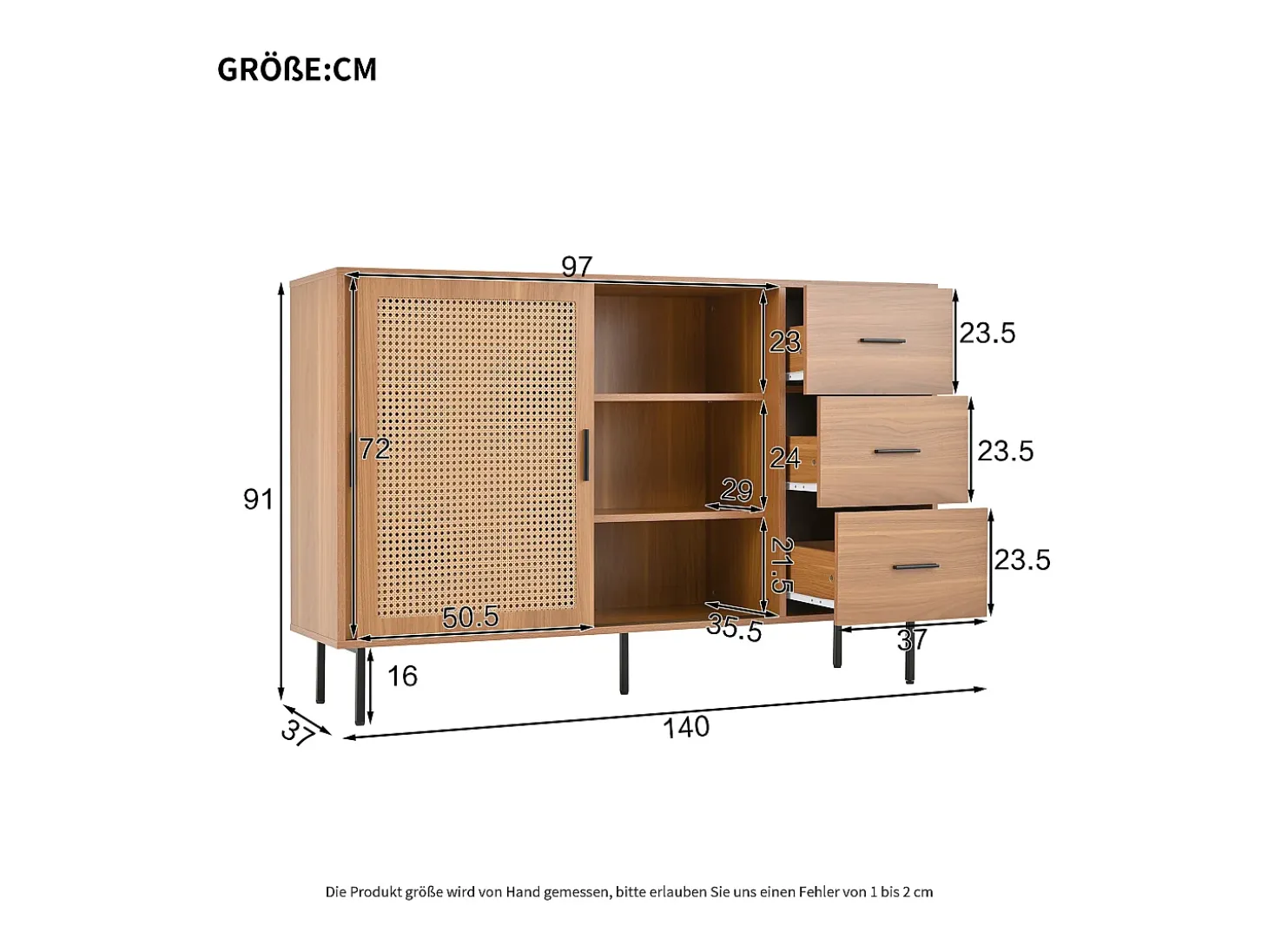 Buffet estilo rústico 140×37×91 cm - con 2 puertas correderas y 3 cajones - patas de metal - panel de partículas - natural