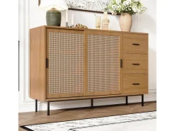 Buffet estilo rústico 140×37×91 cm - con 2 puertas correderas y 3 cajones - patas de metal - panel de partículas - natural
