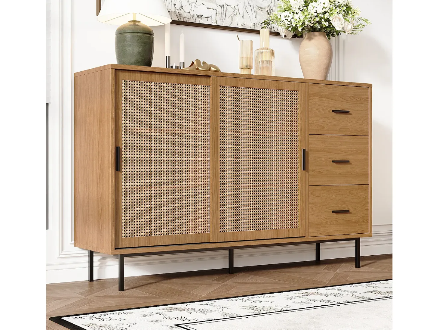 Buffet estilo rústico 140×37×91 cm - con 2 puertas correderas y 3 cajones - patas de metal - panel de partículas - natural