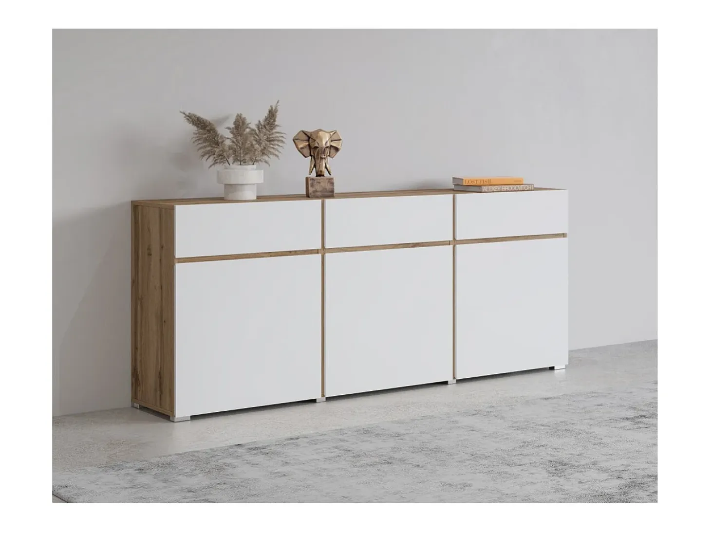 Buffet HAVANA – 180 cm – 3 puertas batientes y 3 cajones – Roble y blanco – Diseño contemporáneo