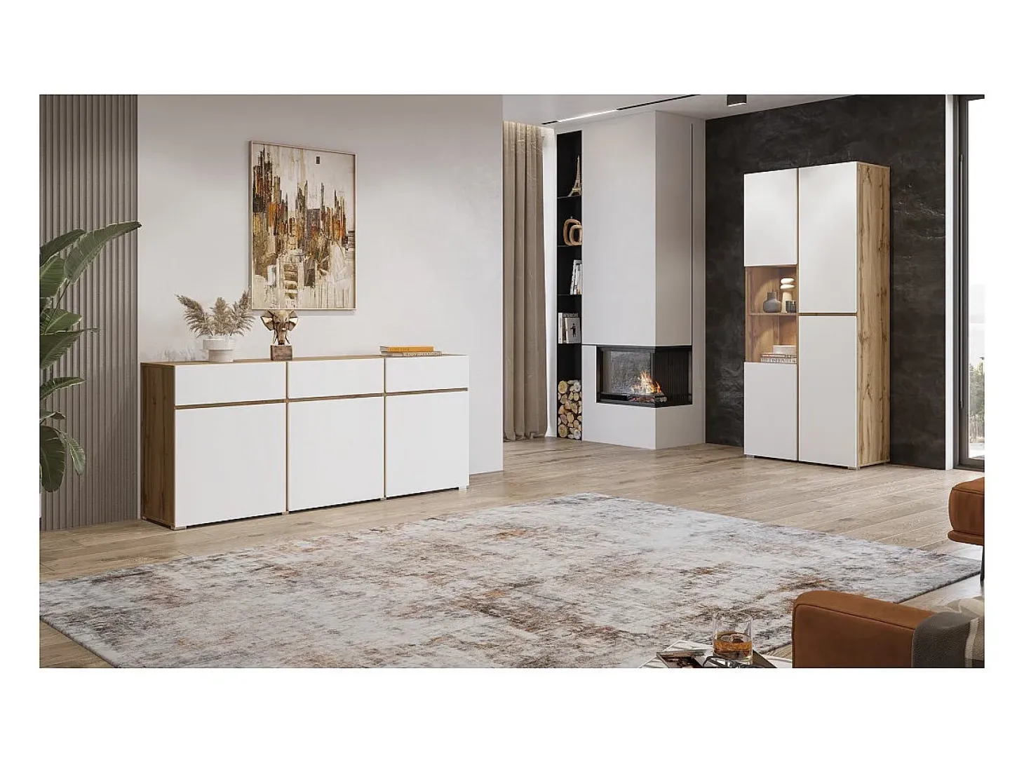 Buffet HAVANA – 180 cm – 3 puertas batientes y 3 cajones – Roble y blanco – Diseño contemporáneo