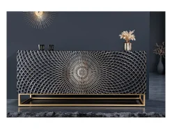 Buffet KOSMOS 180 cm – Madera maciza negra tallada en 3D – Patas de metal dorado