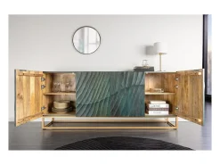 Buffet LUMBER 180 cm – Madera tallada turquesa y dorada, estilo diseño contemporáneo