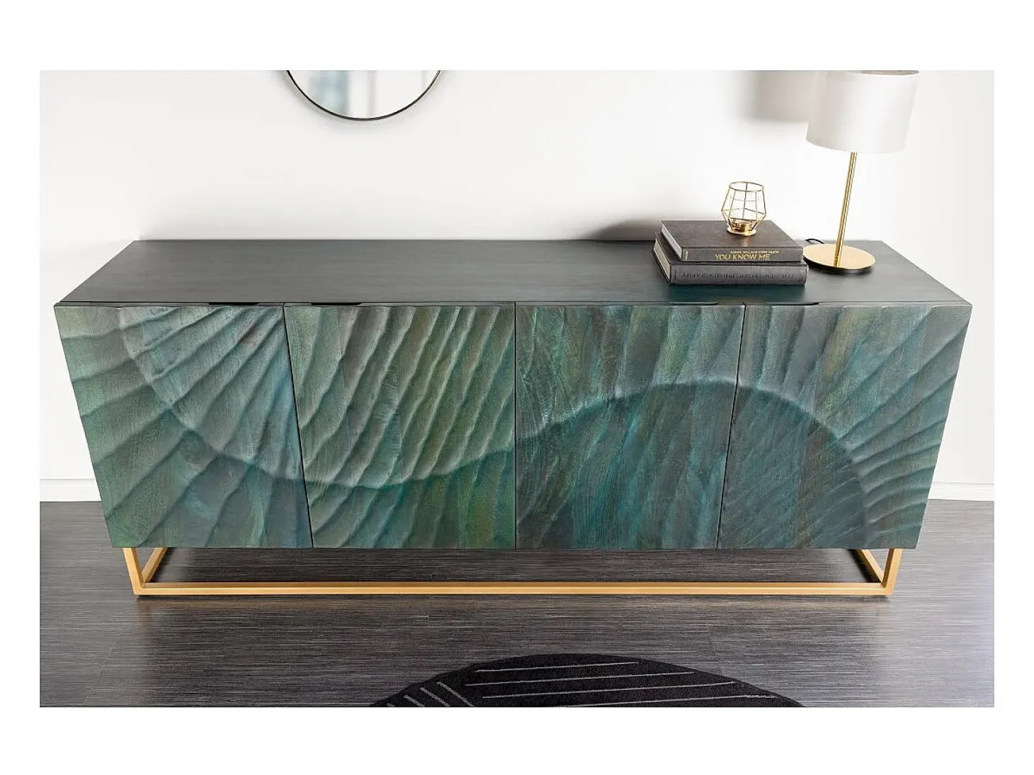 Buffet LUMBER 180 cm – Madera tallada turquesa y dorada, estilo diseño contemporáneo