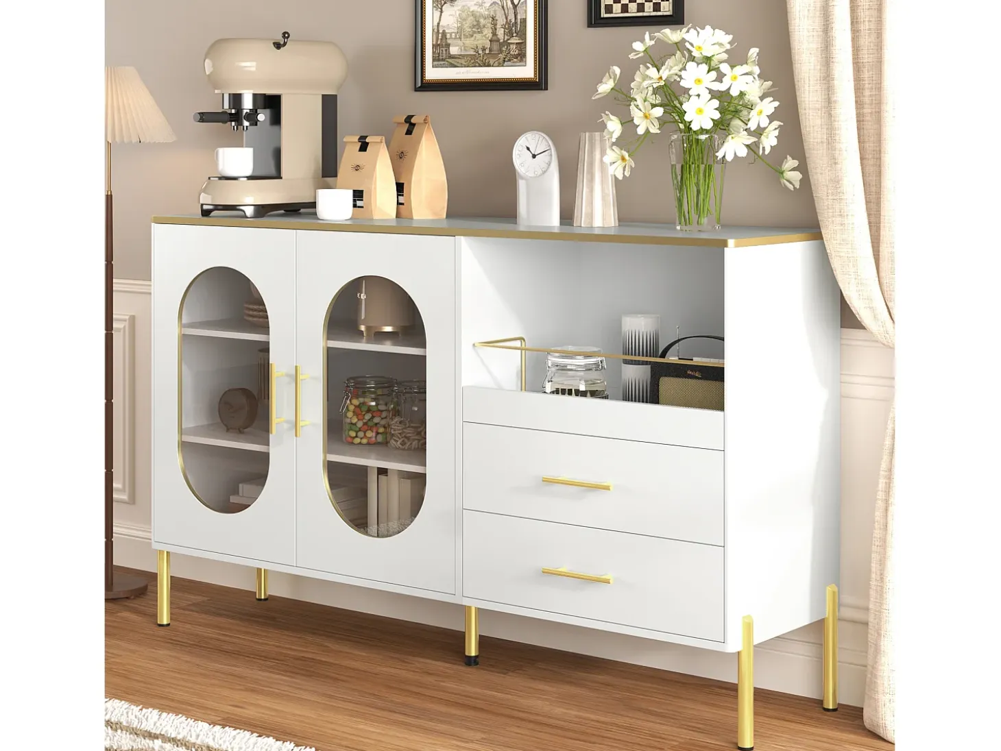 Buffet moderno 140×38×90 cm - con 2 cajones - con 2 puertas de vidrio - blanco