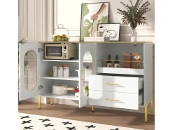 Buffet moderno 140×38×90 cm - con 2 cajones - con 2 puertas de vidrio - blanco