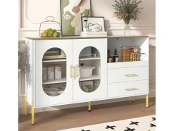 Buffet moderno 140×38×90 cm - con 2 cajones - con 2 puertas de vidrio - blanco