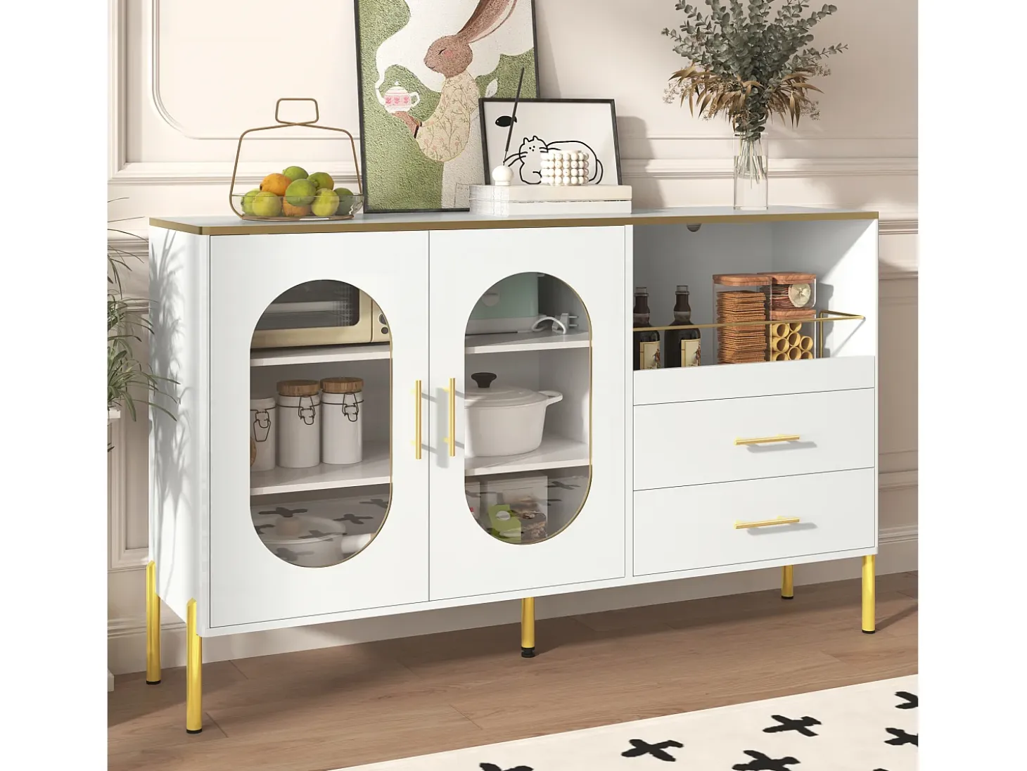 Buffet moderno 140×38×90 cm - con 2 cajones - con 2 puertas de vidrio - blanco