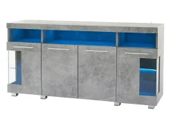 Buffet moderno con LED - 4 puertas y 9 compartimentos de almacenamiento - MDF + vidrio templado transparente - Gris
