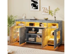 Buffet moderno con LED - 4 puertas y 9 compartimentos de almacenamiento - MDF + vidrio templado transparente - Gris