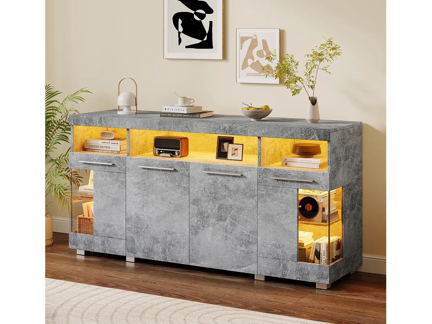 Buffet moderno con LED - 4 puertas y 9 compartimentos de almacenamiento - MDF + vidrio templado transparente - Gris