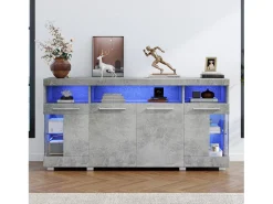 Buffet moderno con LED - 4 puertas y 9 compartimentos de almacenamiento - MDF + vidrio templado transparente - Gris