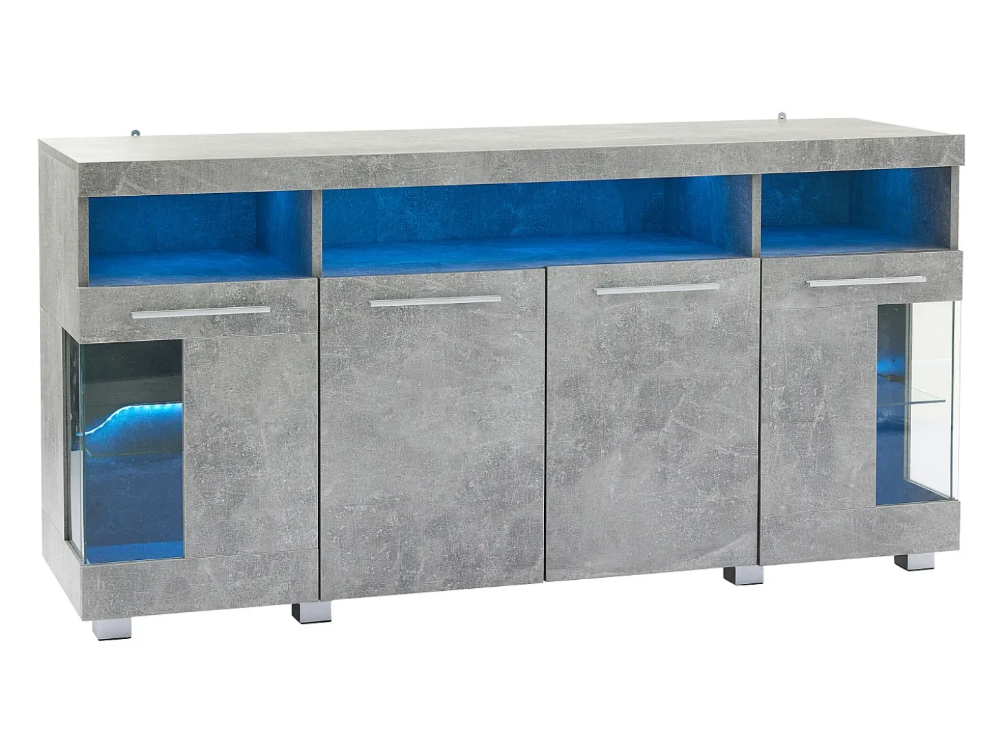 Buffet moderno con LED - 4 puertas y 9 compartimentos de almacenamiento - MDF + vidrio templado transparente - Gris