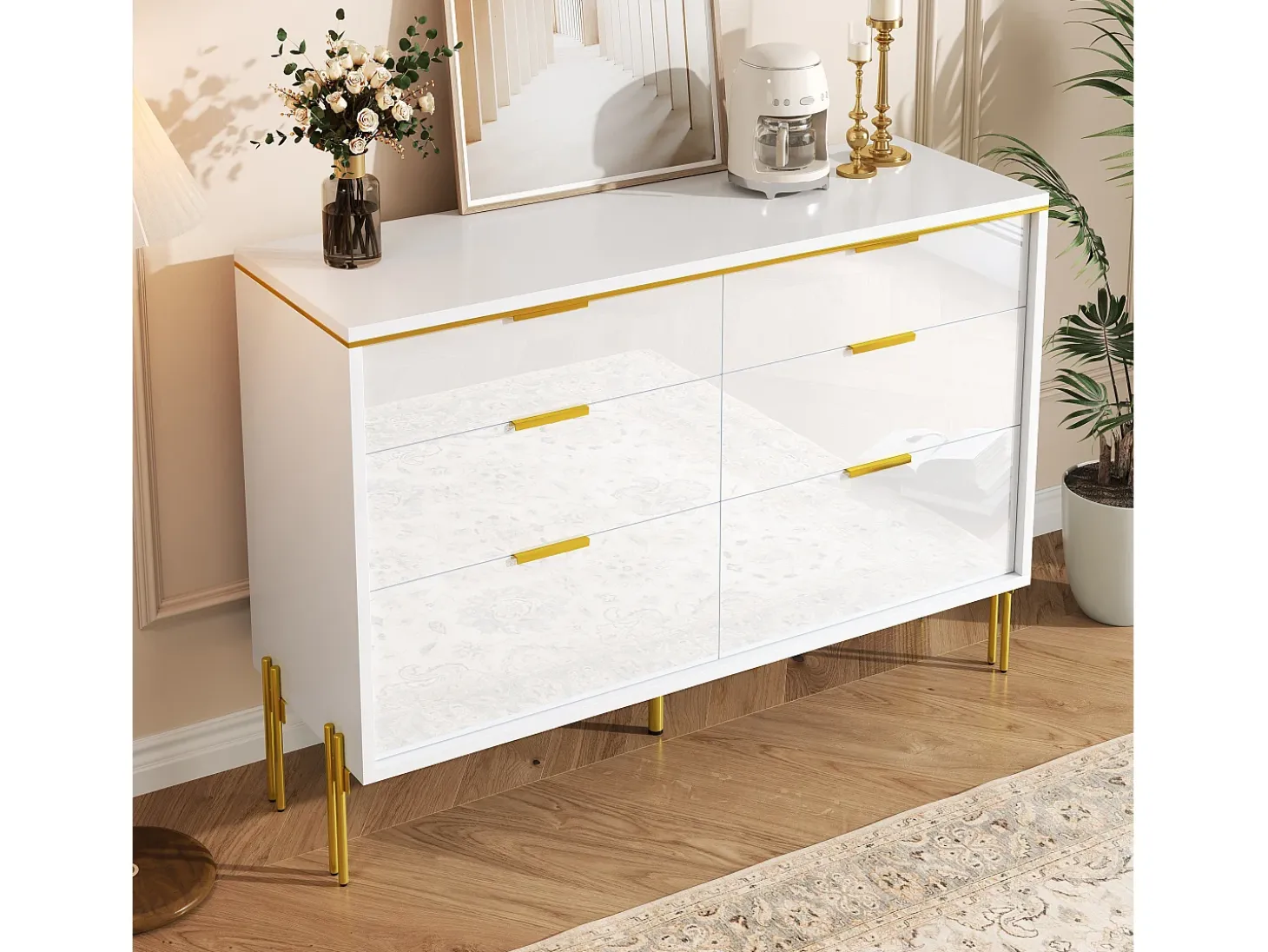 Buffet moderno 120x40x85,5 cm - con 6 cajones - Blanco y dorado