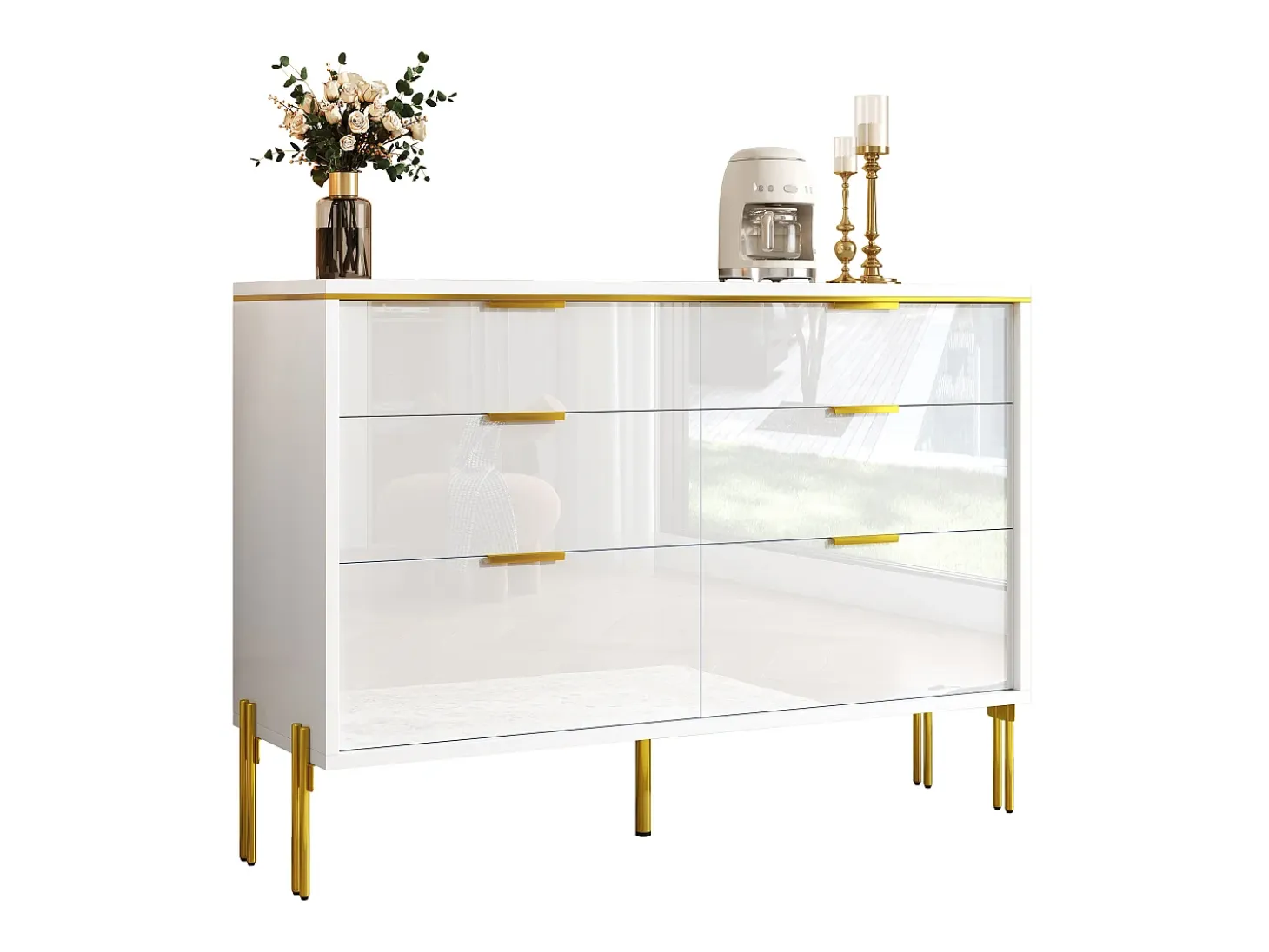 Buffet moderno 120x40x85,5 cm - con 6 cajones - Blanco y dorado