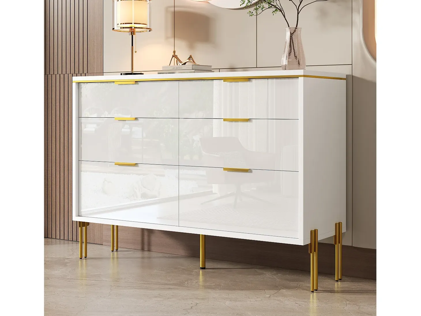 Buffet moderno 120x40x85,5 cm - con 6 cajones - Blanco y dorado