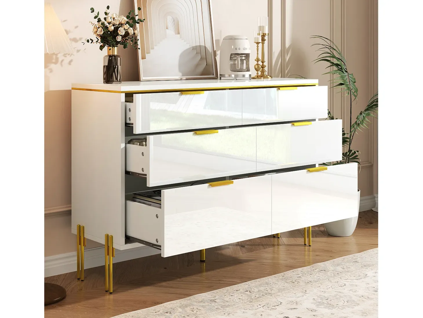 Buffet moderno 120x40x85,5 cm - con 6 cajones - Blanco y dorado
